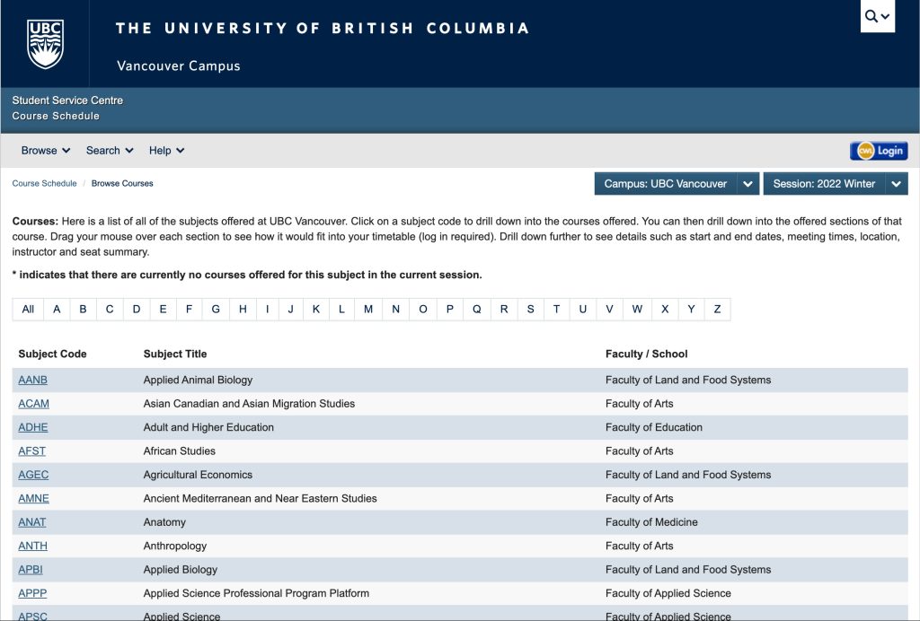 Screen Shot of the Student Service Centre Browse Courses page